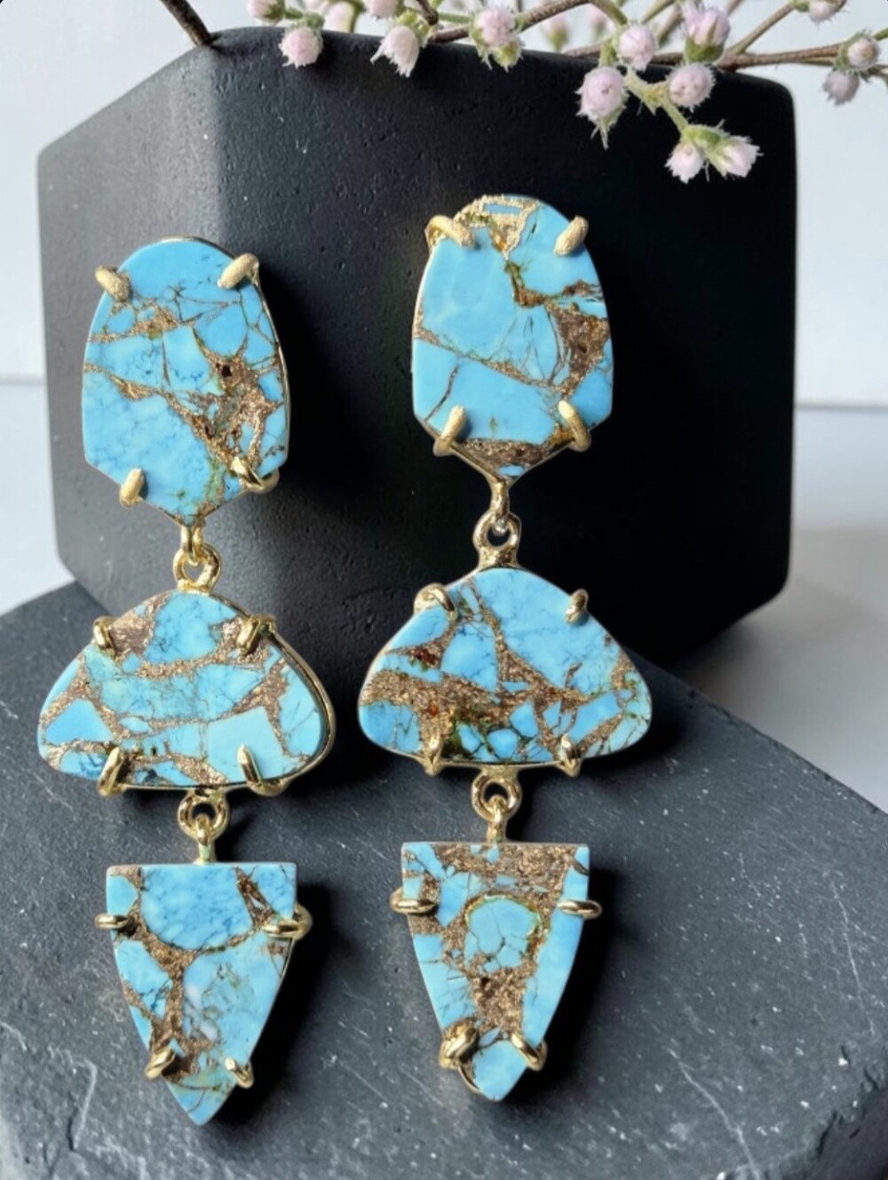 18k Gold Plated Artisan Genuine Mohave Turquoise Geometric Dangle Earrings